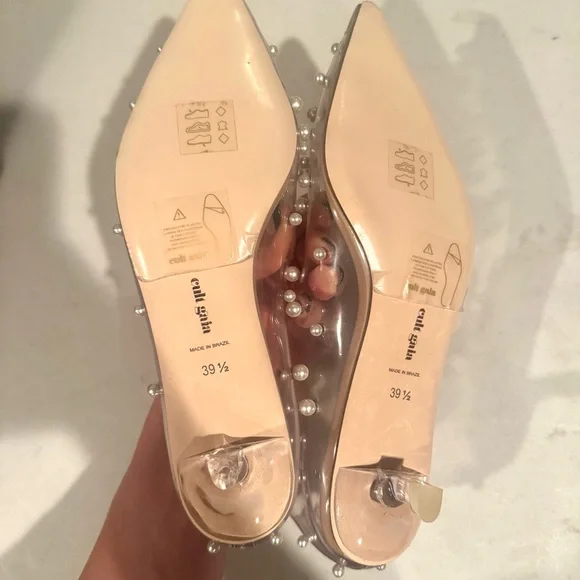 Cult Gaia Roxy Pearl Adorned Pointed Toe Clear Kitten Heels Size 39.5/9.5 - Picture 6 of 7